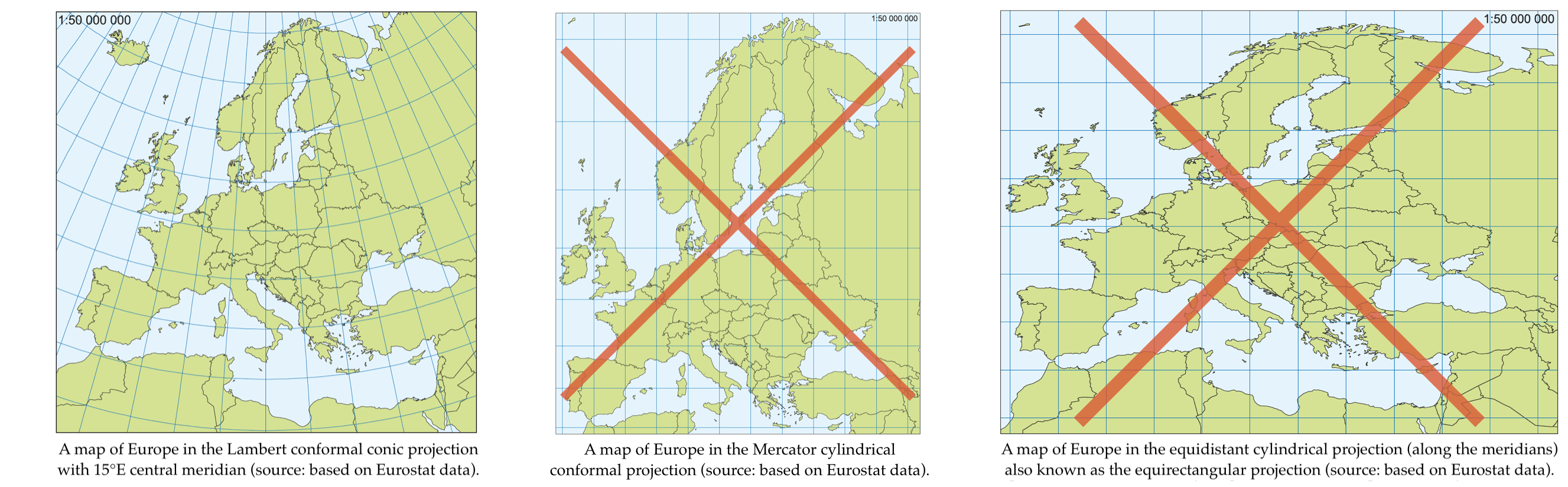 What projection should we choose to depict data on the map of Europe? A good projection would be, for example the conic projection maintaining area. The Mercator projection and the cylindrical projection are not advised. Source: Statistical maps, Statistics Poland.